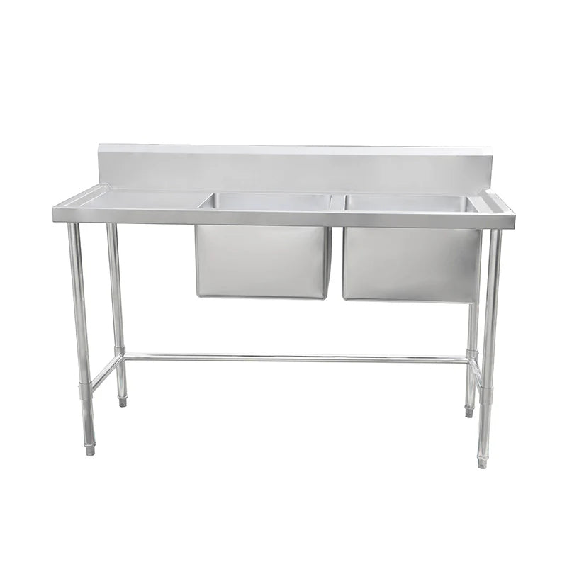 Stainless Steel Work Bench - Double Sink bench with Leg Brace- 600 Depth