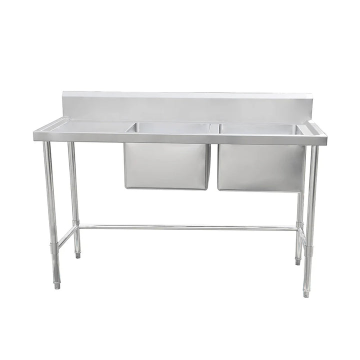 Stainless Steel Work Bench - Double Sink bench with Leg Brace- 600 Depth