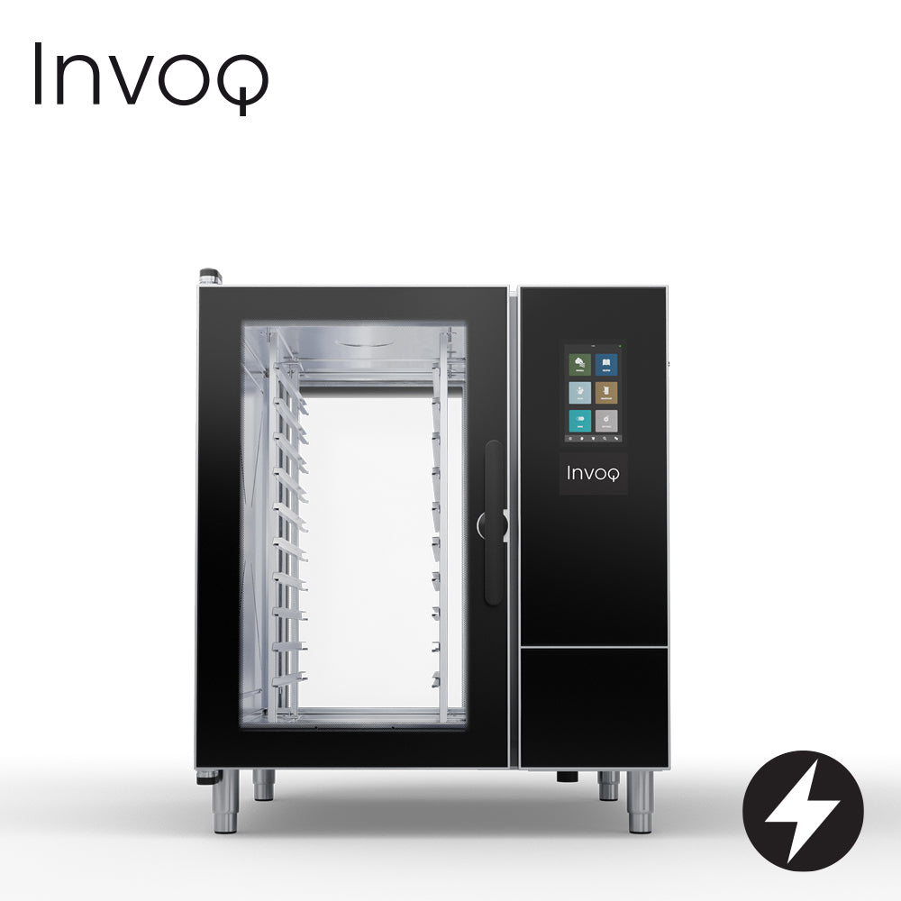 Invoq 10-1/1 GN PT – pass through, boiler with injection steam, 1/1 GN or optional 400x600 EN, 2-piece rack, 10 trays with 70 mm runners, 4.5 kg maximum food load per tray, 45 kg maximum food load per oven