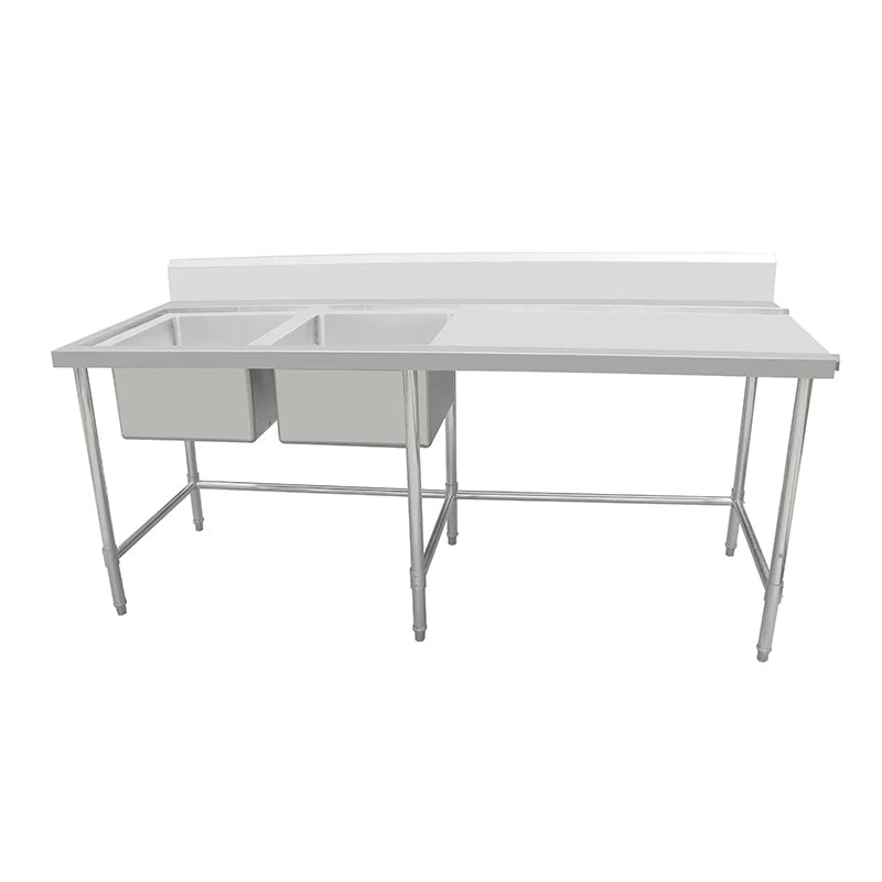 Stainless Steel Work Bench - Double Sink bench with Leg Brace- 600 Depth