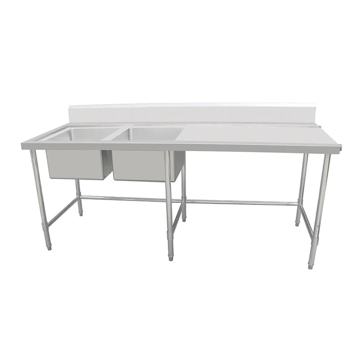 Stainless Steel Work Bench - Double Sink bench with Leg Brace- 600 Depth
