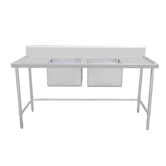 Stainless Steel Work Bench - Double Sink bench with Leg Brace- 600 Depth