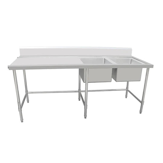 Stainless Steel Work Bench - Double Sink bench with Leg Brace- 600 Depth