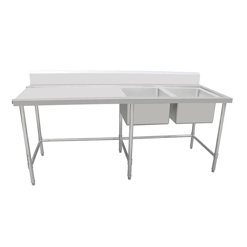 Stainless Steel Work Bench - Double Sink bench with Leg Brace- 600 Depth