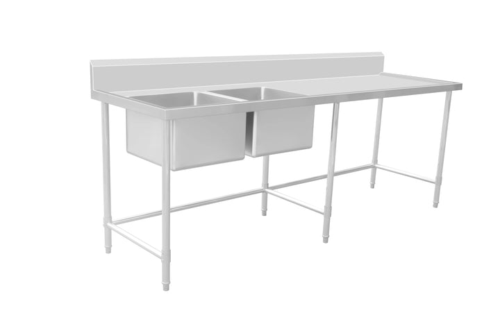 Stainless Steel Work Bench - Double Sink bench with Leg Brace- 700 Depth