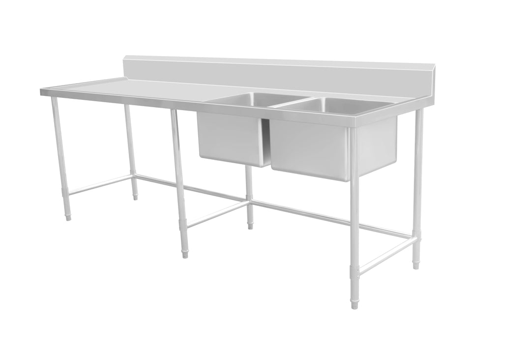 Stainless Steel Work Bench - Double Sink bench with Leg Brace- 700 Depth