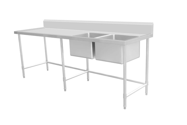 Stainless Steel Work Bench - Double Sink bench with Leg Brace- 700 Depth