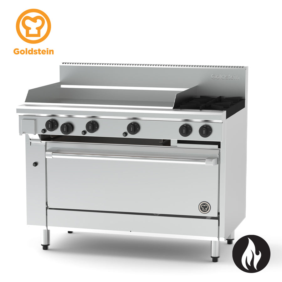Goldstein PF36G240EFF-X – 2 burners, 914 x 520 x 20 mm griddle, 40'' fan forced electric oven