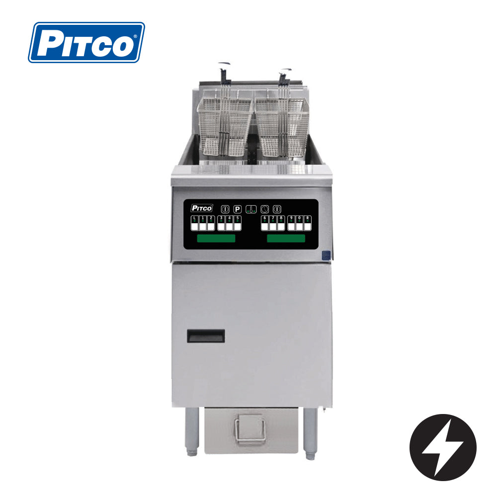 Pitco SE14C-2/FD – computer control, filter drawer on castors. 2 bank fryer, 2 baskets per tank, 22L oil capacity per tank, lid, filter drawer on castors, flush hose, 9” swivel castors with front brakes
