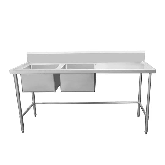 Stainless Steel Work Bench - Double Sink bench with Leg Brace- 600 Depth