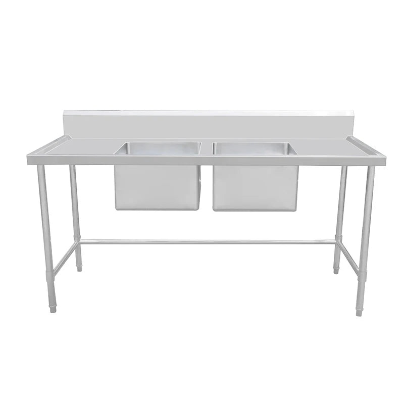 Stainless Steel Work Bench - Double Sink bench with Leg Brace- 700 Depth