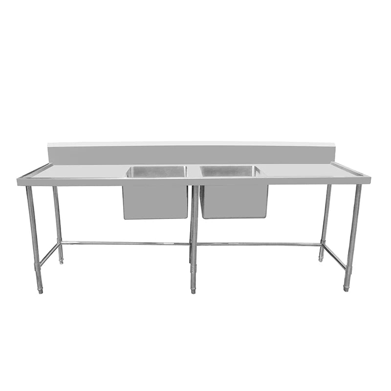 Stainless Steel Work Bench - Double Sink bench with Leg Brace- 600 Depth
